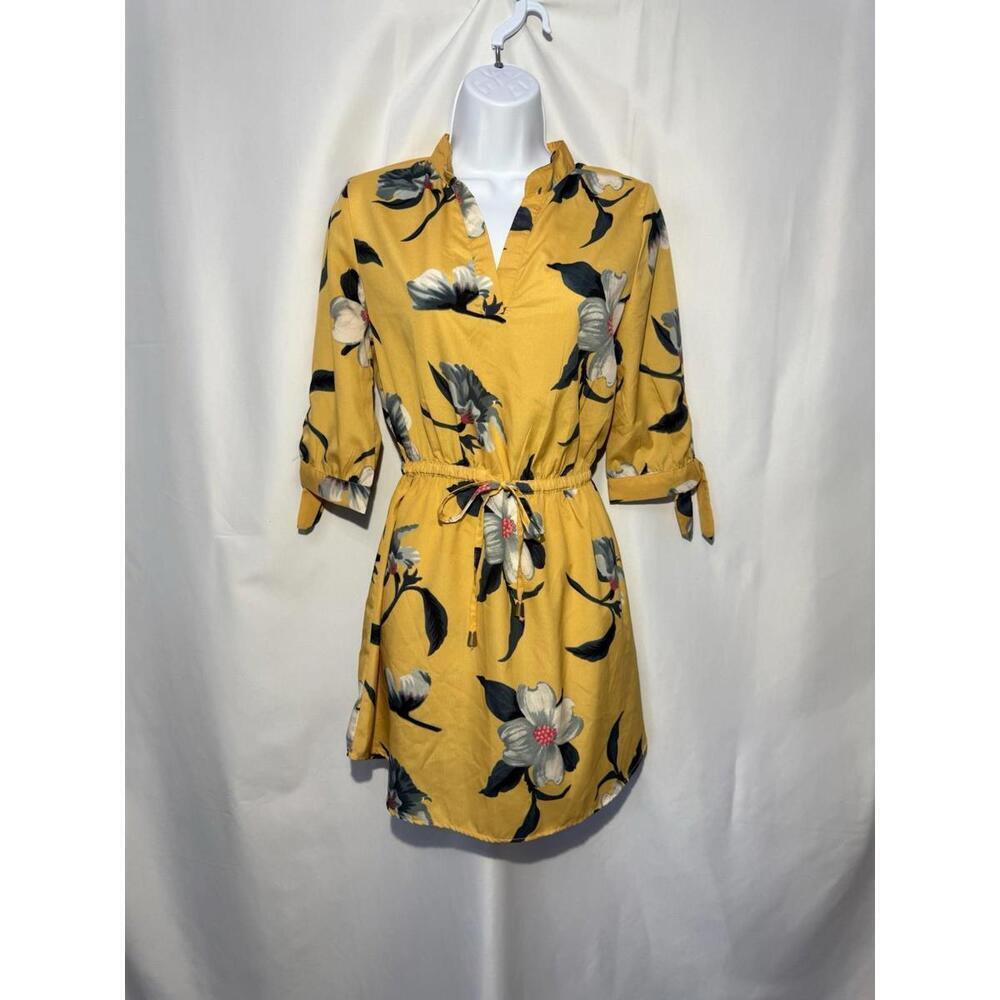 Hint of Blush Yellow Floral Mini Dress S 3/4 Sleeve Draw String Waist Boho - Picture 1 of 8
